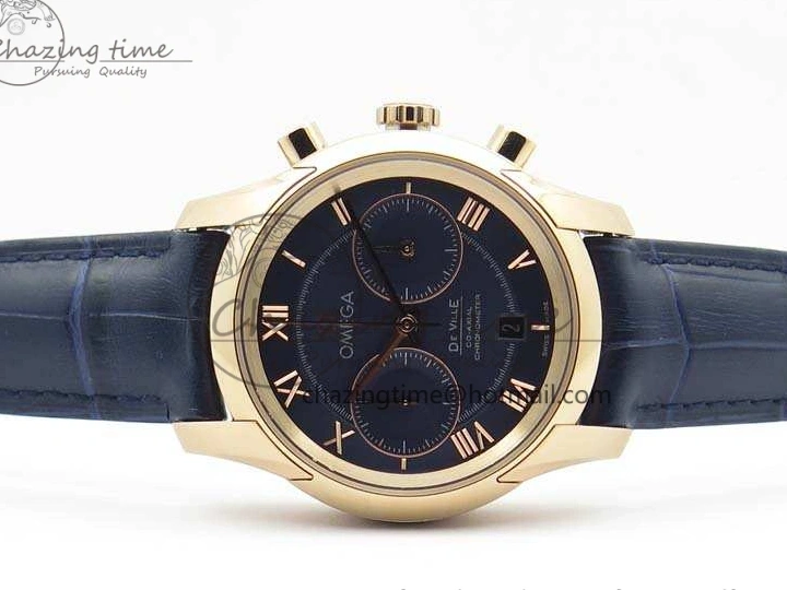 0128 QuickDry De Ville Chronograph RG OMF 1:1 Best Edition Blue Dial On Blue Leather Strap A 8107